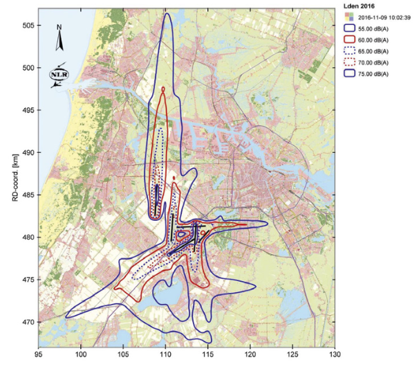 kaart met contouren van vliegtuiggeluid omgeving Schiphol
