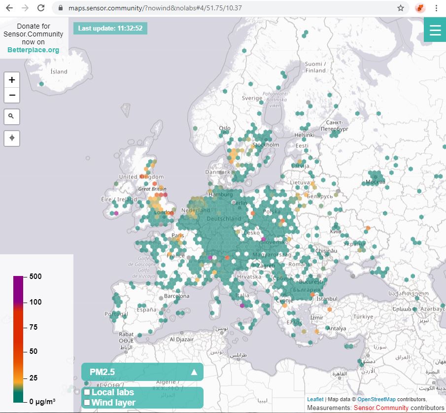Sensor.Community Map 2021 PM sensors in Europe