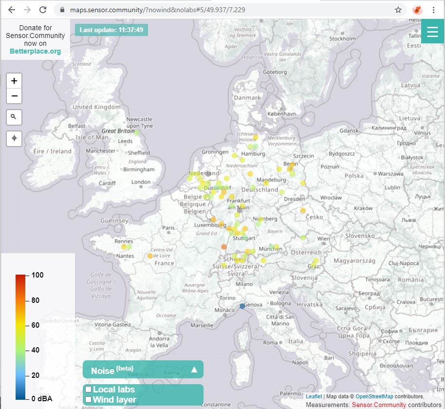 Sensor.Community Map 2021 noise sensors in Europe
